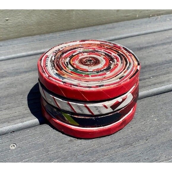 Eco Friendly Recycled Magazine 4" Round Coasters RED Set of 4 Handmade Boho New - Picture 3 of 3